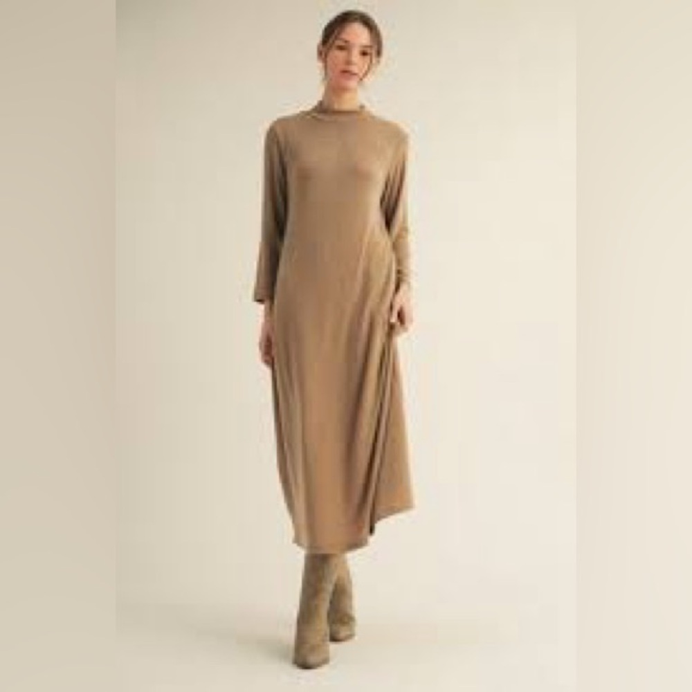 Mod Ref Long‎ Sleeve Knit Midi Dress Mock Neck Casual Comfort Beige Neutral
